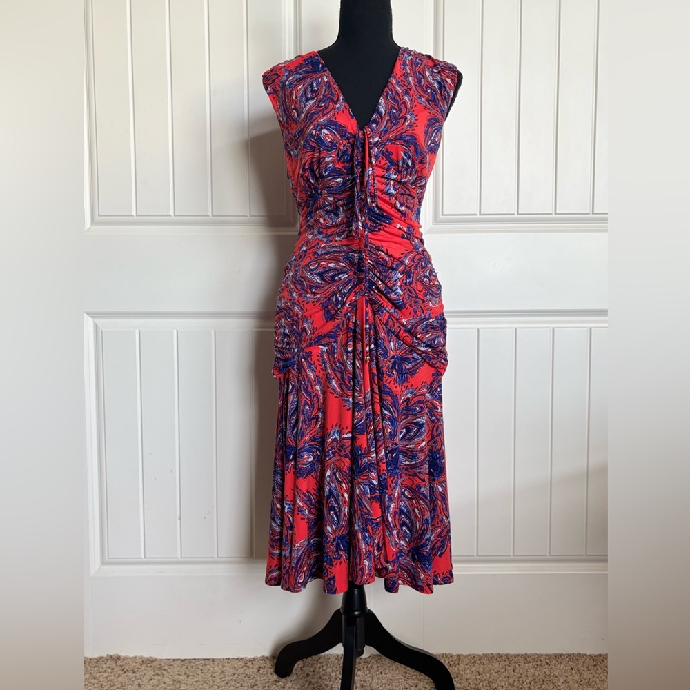 White House Black Market Coral & Navy Paisley Ruched Midi Dress
